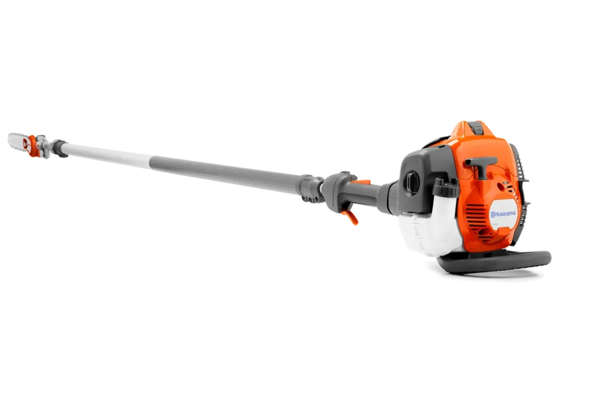 Husqvarna 525PT5S petrol-powered telescopic pole saw with orange and grey body, extended cutting bar, and ergonomic handle for professional tree pruning.